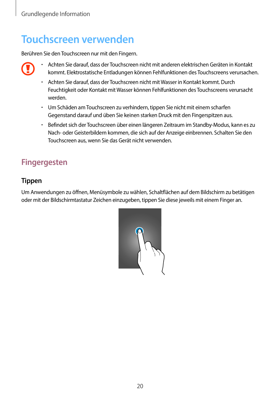 Samsung GT-S6810PWNTUR, GT-S6810PWNDTM, GT-S6810PWNDBT, GT-S6810MBNTUR manual Touchscreen verwenden, Fingergesten, Tippen 