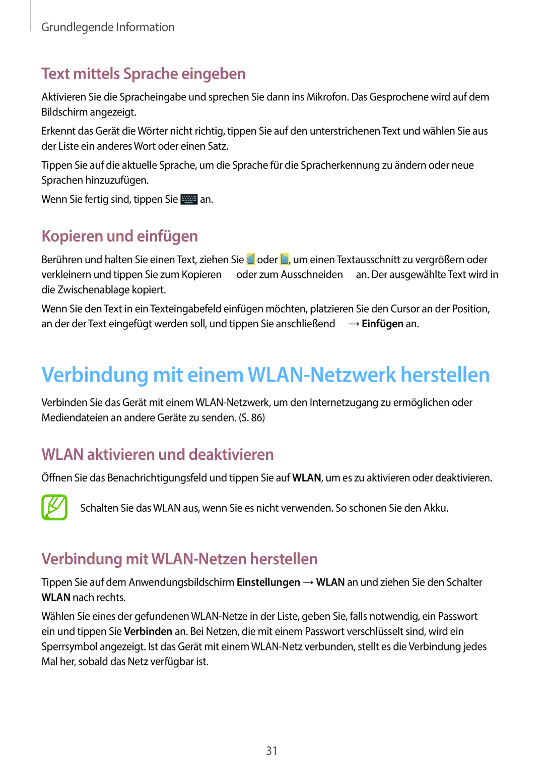 Samsung GT-S6810MBNWIN manual Text mittels Sprache eingeben, Kopieren und einfügen, Wlan aktivieren und deaktivieren 