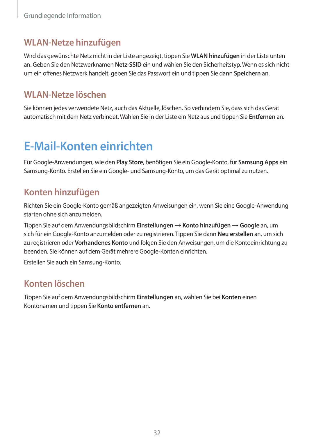 Samsung GT-S6810MBNCOS manual Mail-Konten einrichten, WLAN-Netze hinzufügen, WLAN-Netze löschen, Konten hinzufügen 