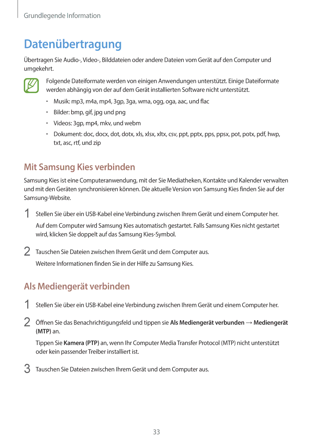 Samsung GT-S6810PWNEUR, GT-S6810PWNTUR manual Datenübertragung, Mit Samsung Kies verbinden, Als Mediengerät verbinden 