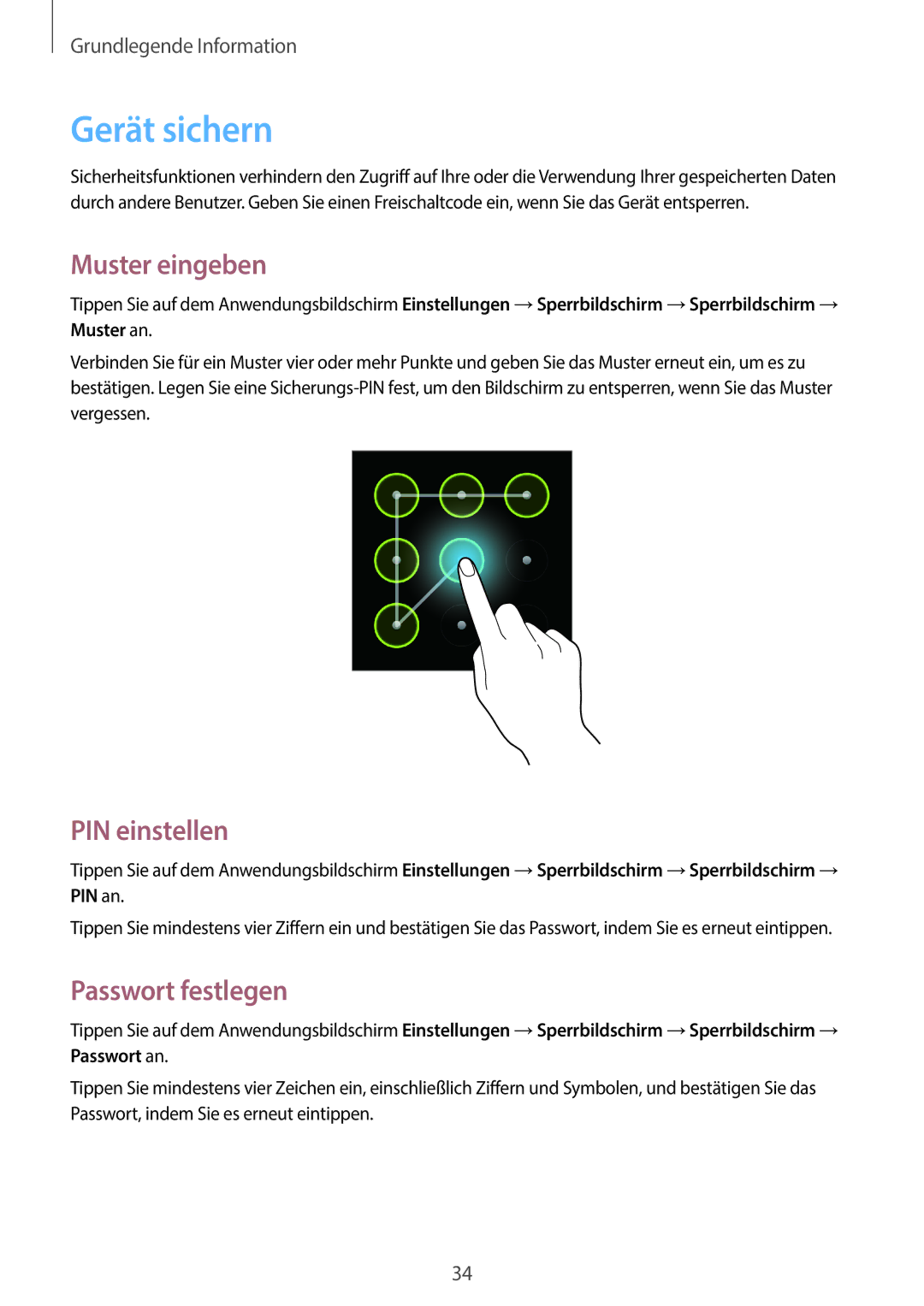Samsung GT-S6810PWNCOS, GT-S6810PWNTUR, GT-S6810PWNDTM Gerät sichern, Muster eingeben, PIN einstellen, Passwort festlegen 