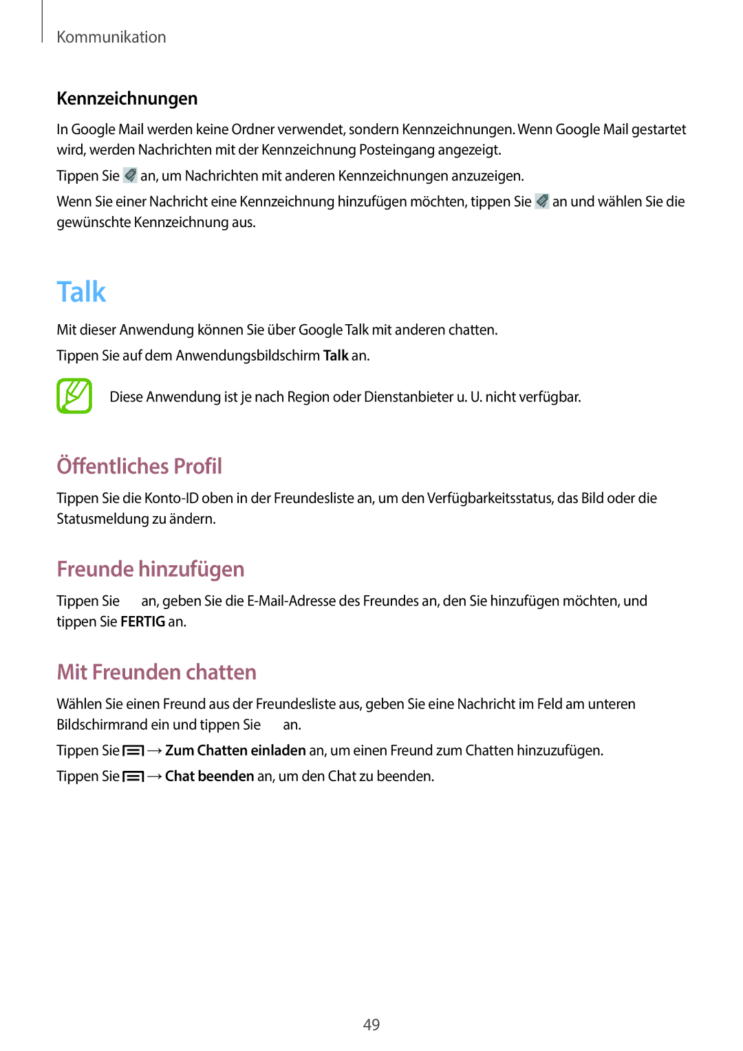 Samsung GT-S6810PWNTMN manual Talk, Öffentliches Profil, Freunde hinzufügen, Mit Freunden chatten, Kennzeichnungen 