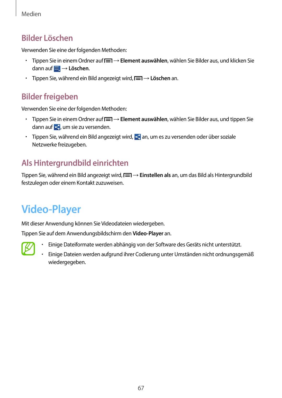 Samsung GT-S6810MBNTPH, GT-S6810PWNTUR manual Video-Player, Bilder Löschen, Bilder freigeben, Als Hintergrundbild einrichten 