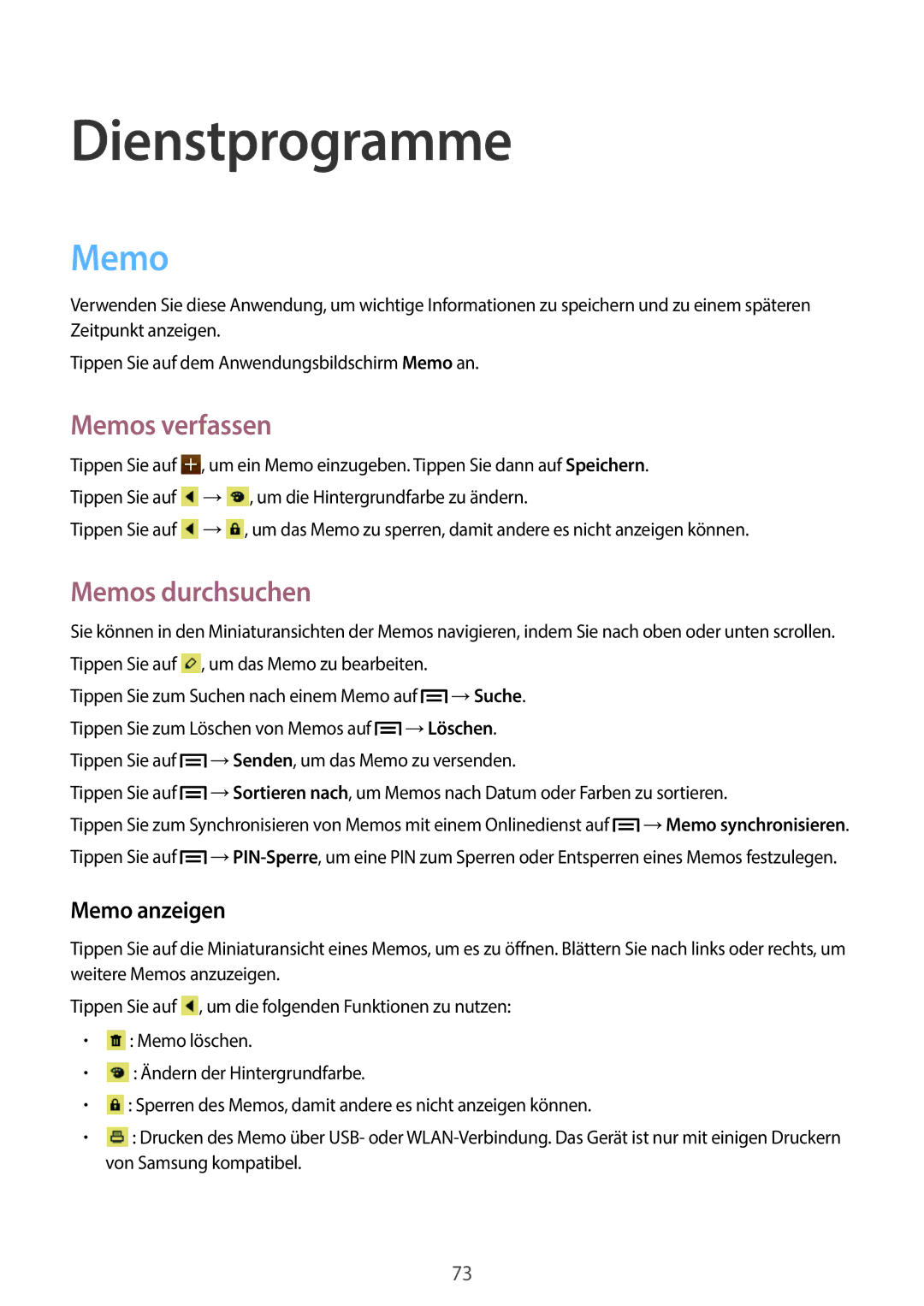 Samsung GT-S6810PWNEUR, GT-S6810PWNTUR, GT-S6810PWNDTM manual Dienstprogramme, Memos verfassen, Memos durchsuchen 