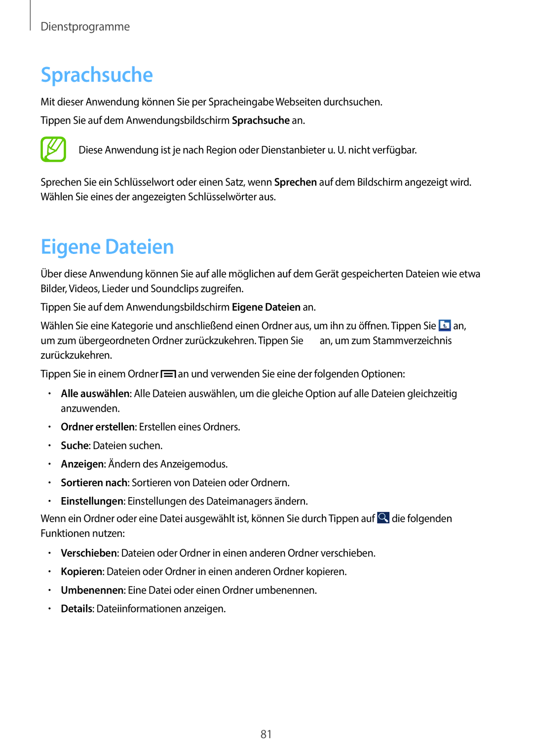 Samsung GT-S6810PWNDTM, GT-S6810PWNTUR, GT-S6810PWNDBT, GT-S6810MBNTUR, GT-S6810MBNDBT manual Sprachsuche, Eigene Dateien 