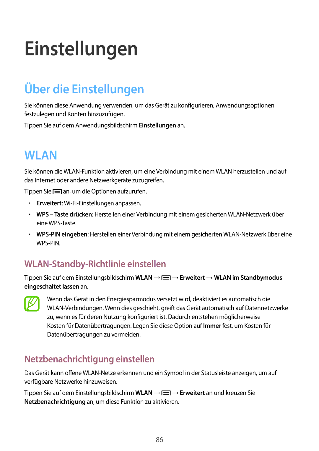 Samsung GT-S6810MBNTMN Über die Einstellungen, WLAN-Standby-Richtlinie einstellen, Netzbenachrichtigung einstellen 