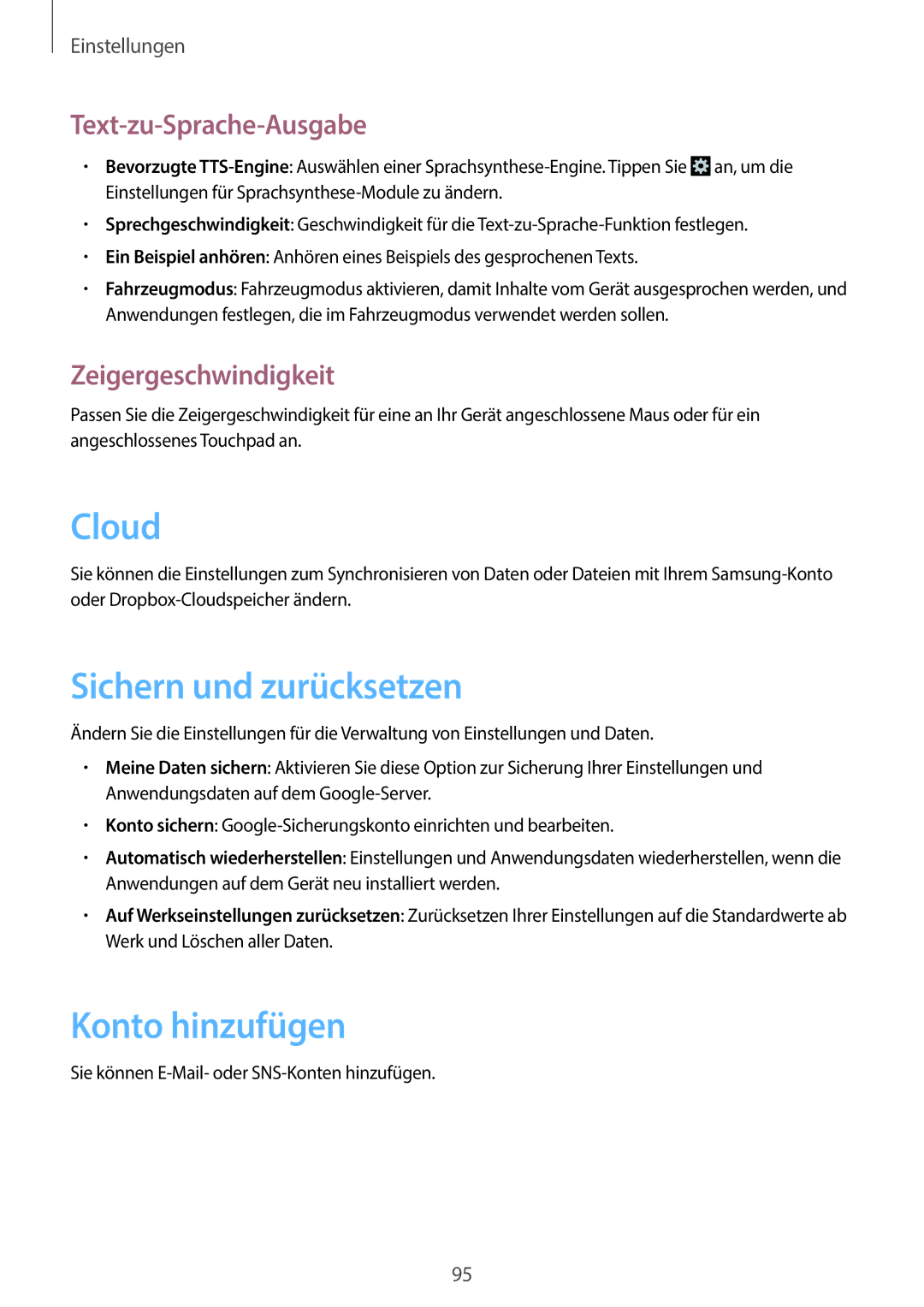 Samsung GT-S6810PWNTPH Cloud, Sichern und zurücksetzen, Konto hinzufügen, Text-zu-Sprache-Ausgabe, Zeigergeschwindigkeit 