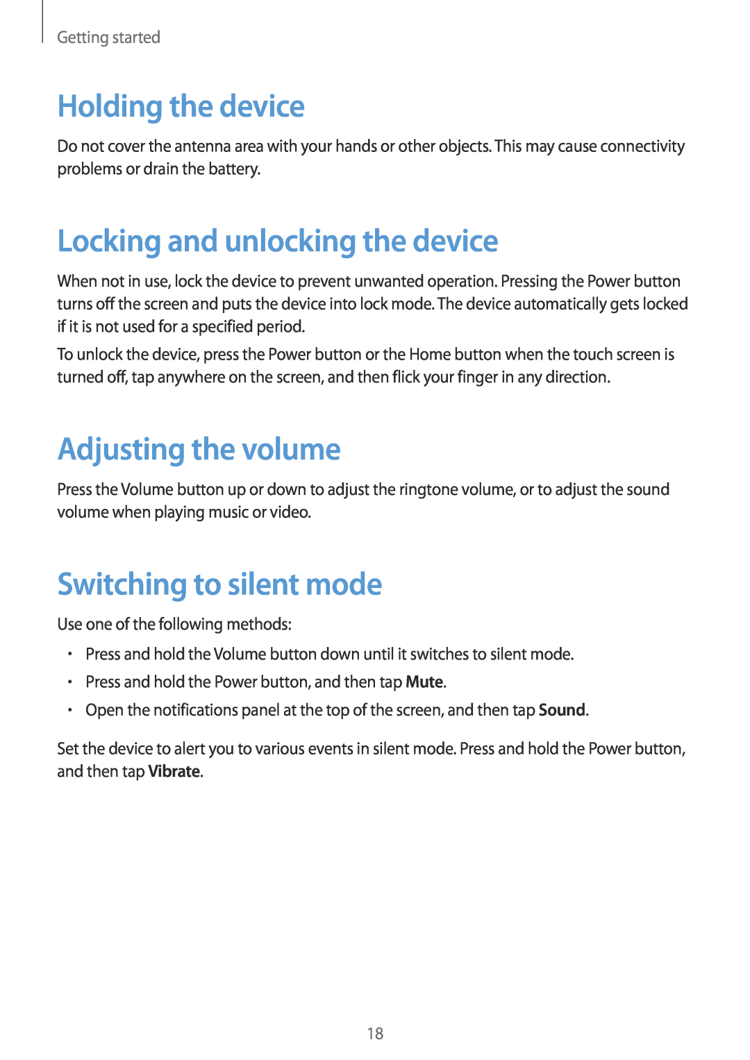 Samsung GT-S6810PWNOPT manual Holding the device, Locking and unlocking the device, Adjusting the volume, Getting started 