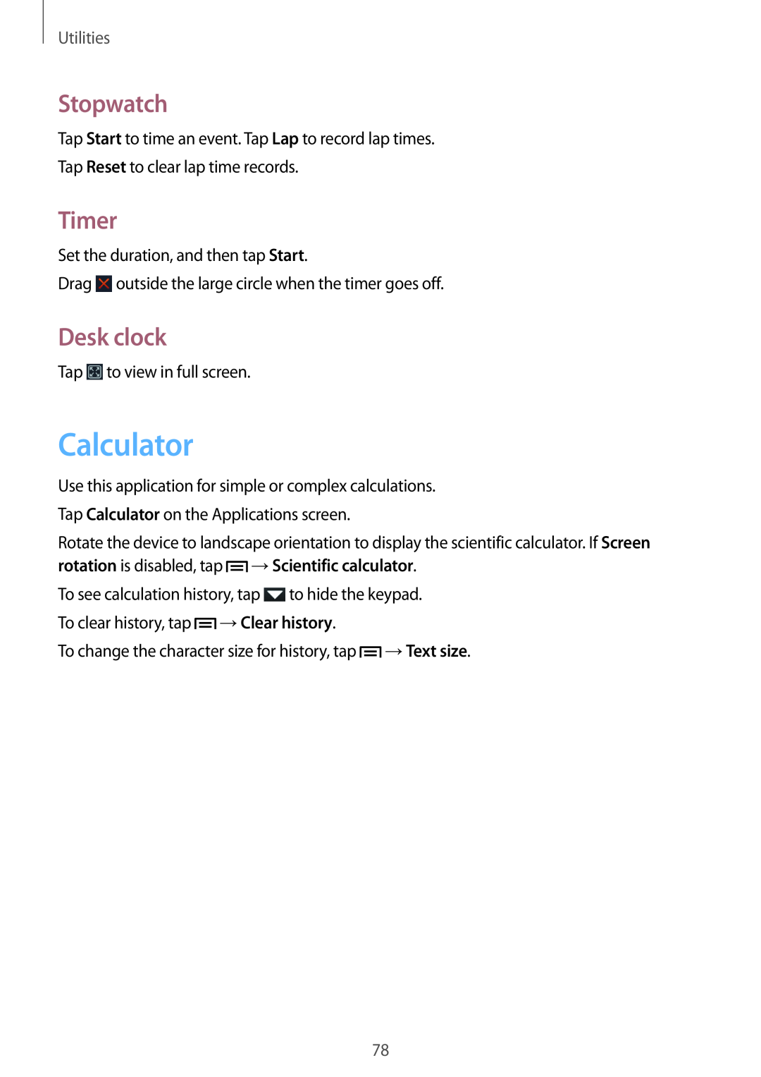 Samsung GT-S6810MBNTUR manual Calculator, Stopwatch, Timer, Desk clock, →Scientific calculator, →Clear history, Utilities 