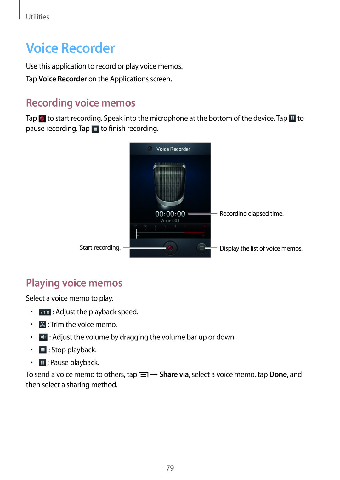 Samsung GT-S6810MBNDBT, GT-S6810PWNTUR manual Voice Recorder, Recording voice memos, Playing voice memos, Utilities 