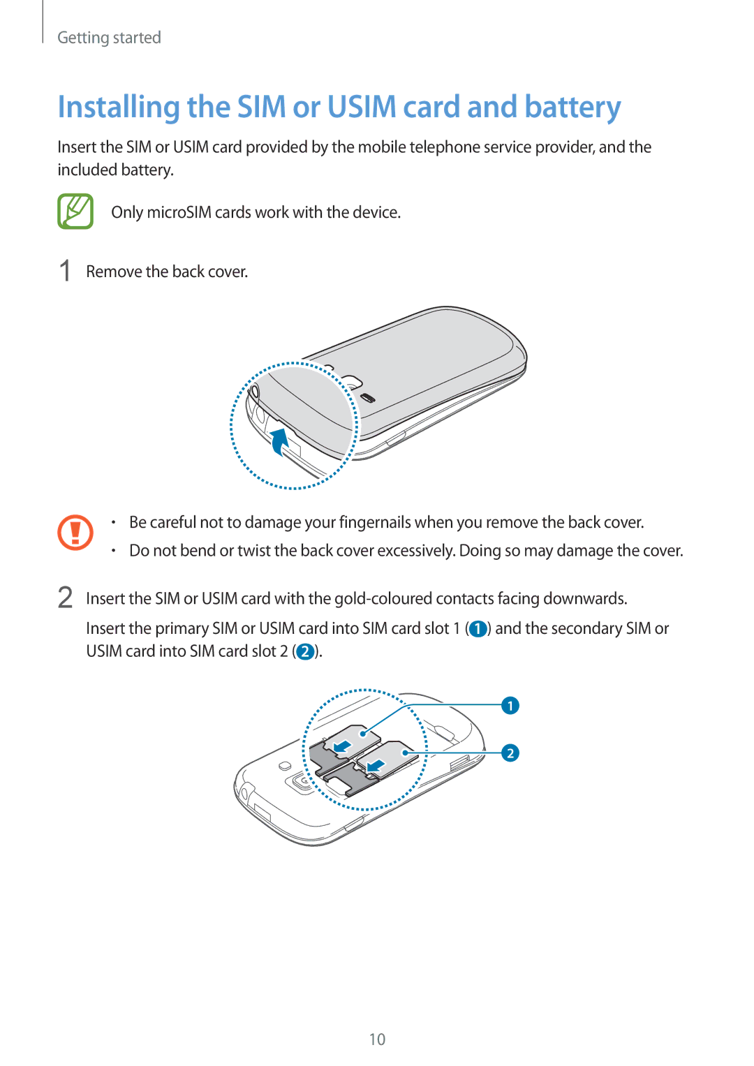 Samsung GT-S6812PWAKSA, GT-S6812MBAKSA manual Installing the SIM or Usim card and battery 