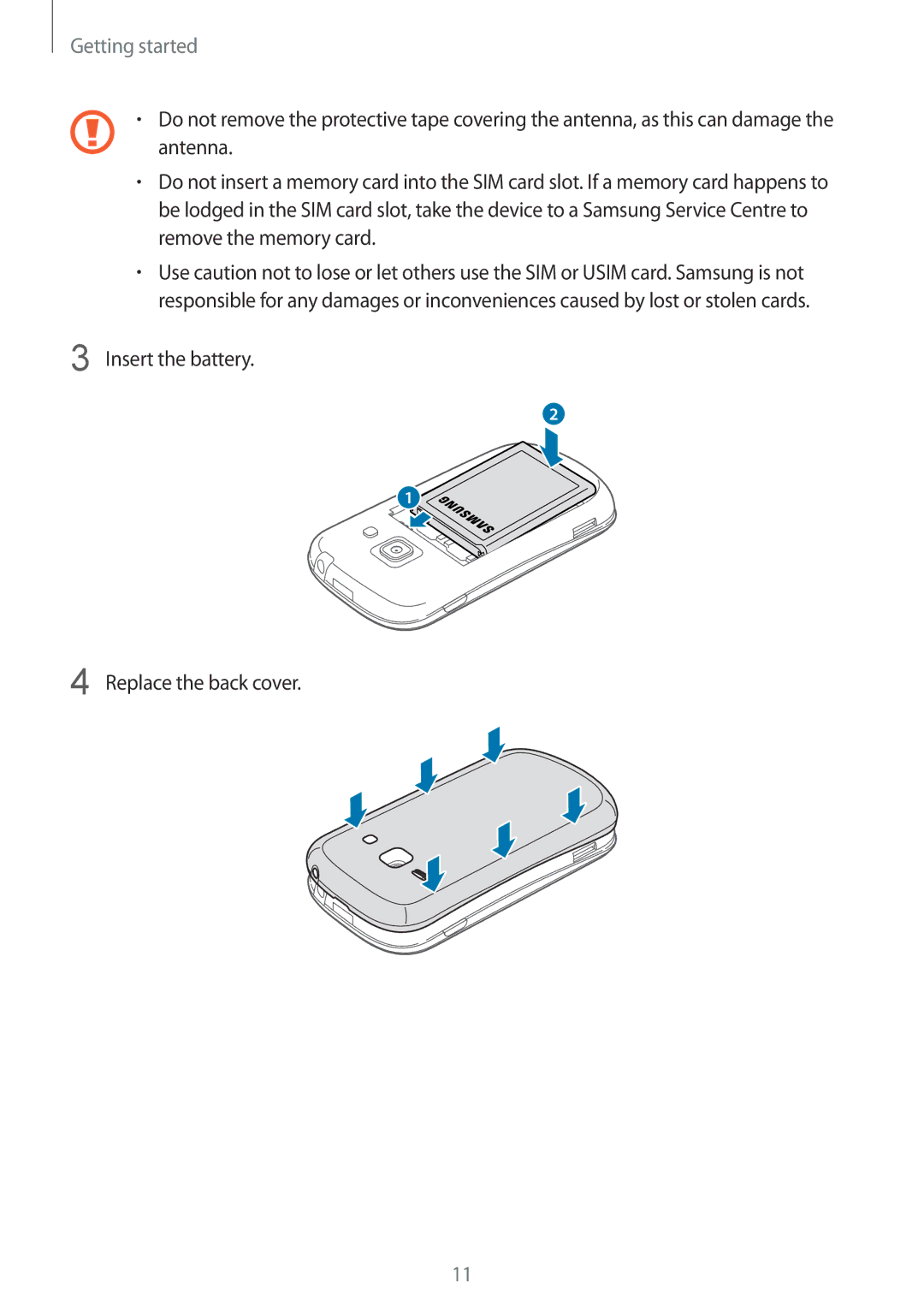 Samsung GT-S6812MBAKSA, GT-S6812PWAKSA manual Insert the battery Replace the back cover 