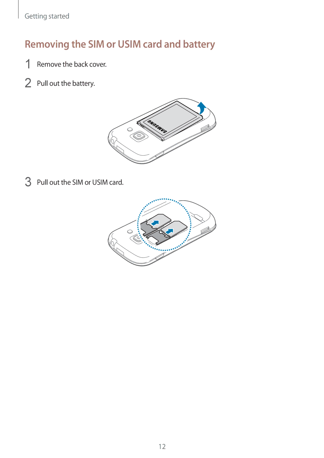 Samsung GT-S6812PWAKSA, GT-S6812MBAKSA manual Removing the SIM or Usim card and battery 