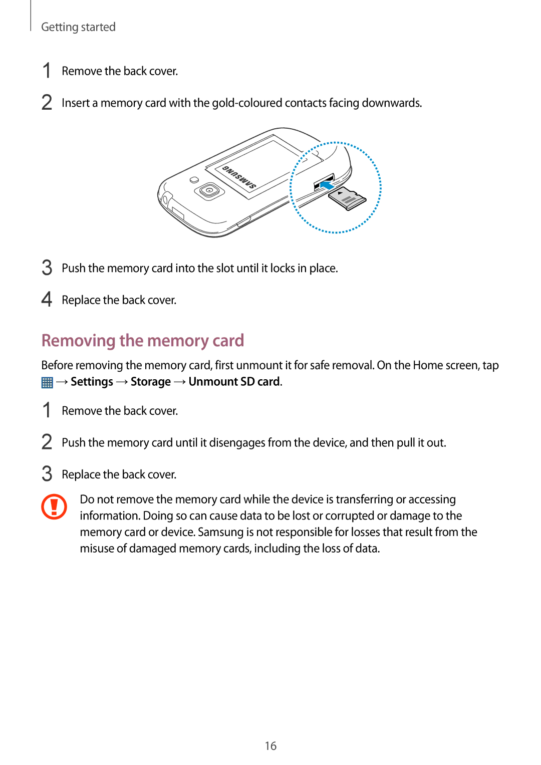 Samsung GT-S6812PWAKSA, GT-S6812MBAKSA manual Removing the memory card, →Settings →Storage →Unmount SD card 