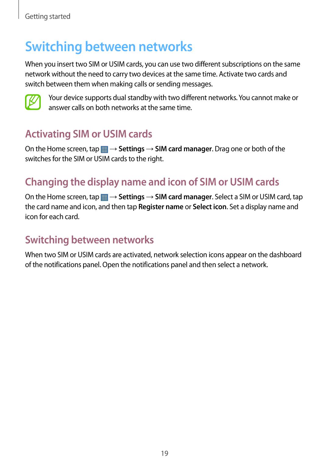 Samsung GT-S6812MBAKSA, GT-S6812PWAKSA manual Switching between networks, Activating SIM or Usim cards 