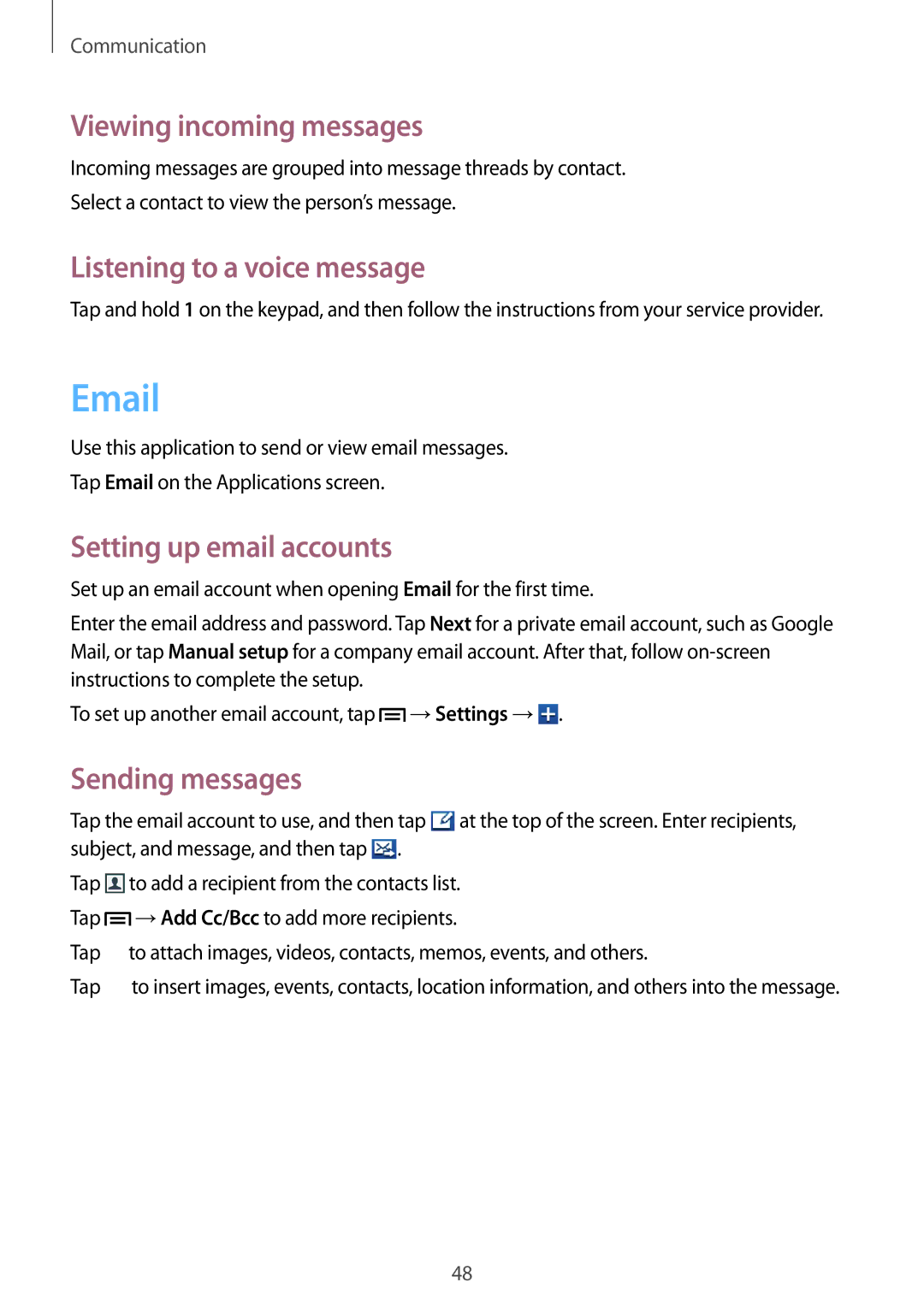 Samsung GT-S6812PWAKSA, GT-S6812MBAKSA Viewing incoming messages, Listening to a voice message, Setting up email accounts 