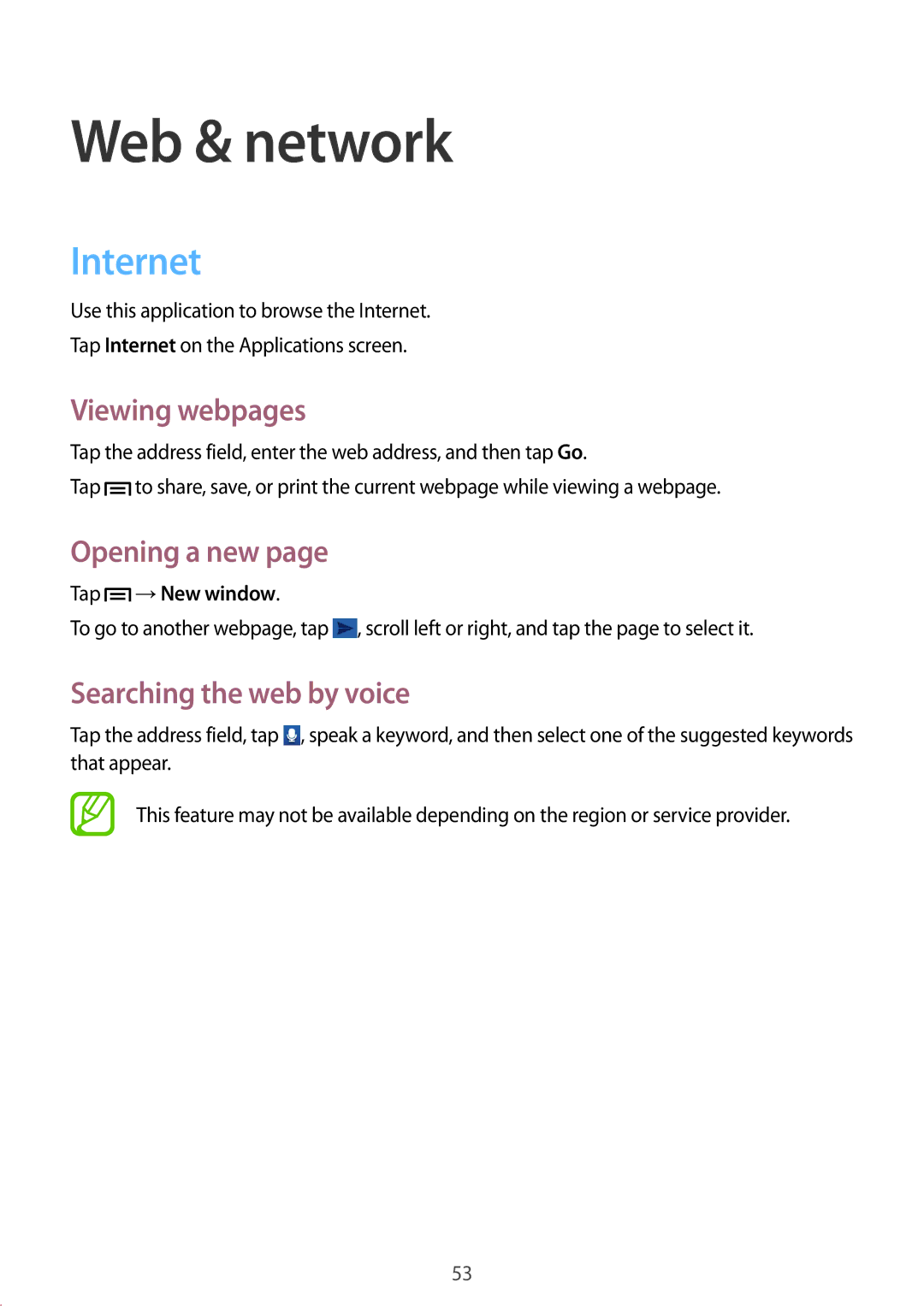 Samsung GT-S6812MBAKSA manual Web & network, Internet, Viewing webpages, Opening a new, Searching the web by voice 