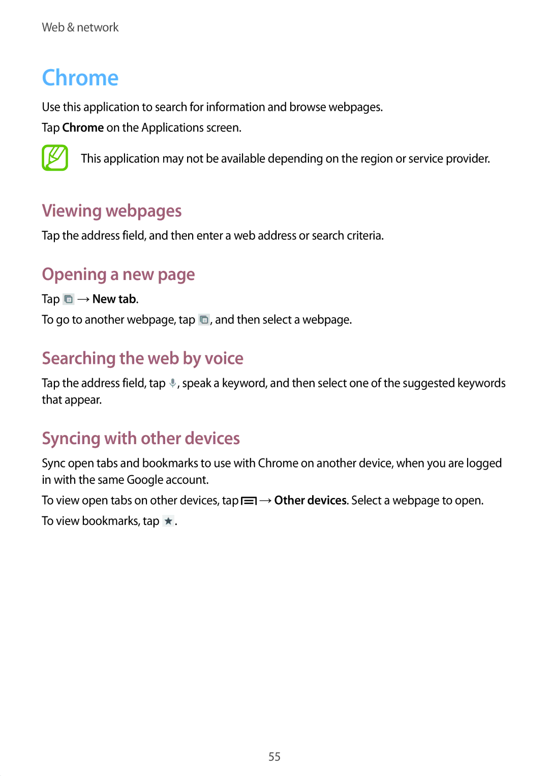 Samsung GT-S6812MBAKSA, GT-S6812PWAKSA manual Chrome, Syncing with other devices, Tap →New tab 
