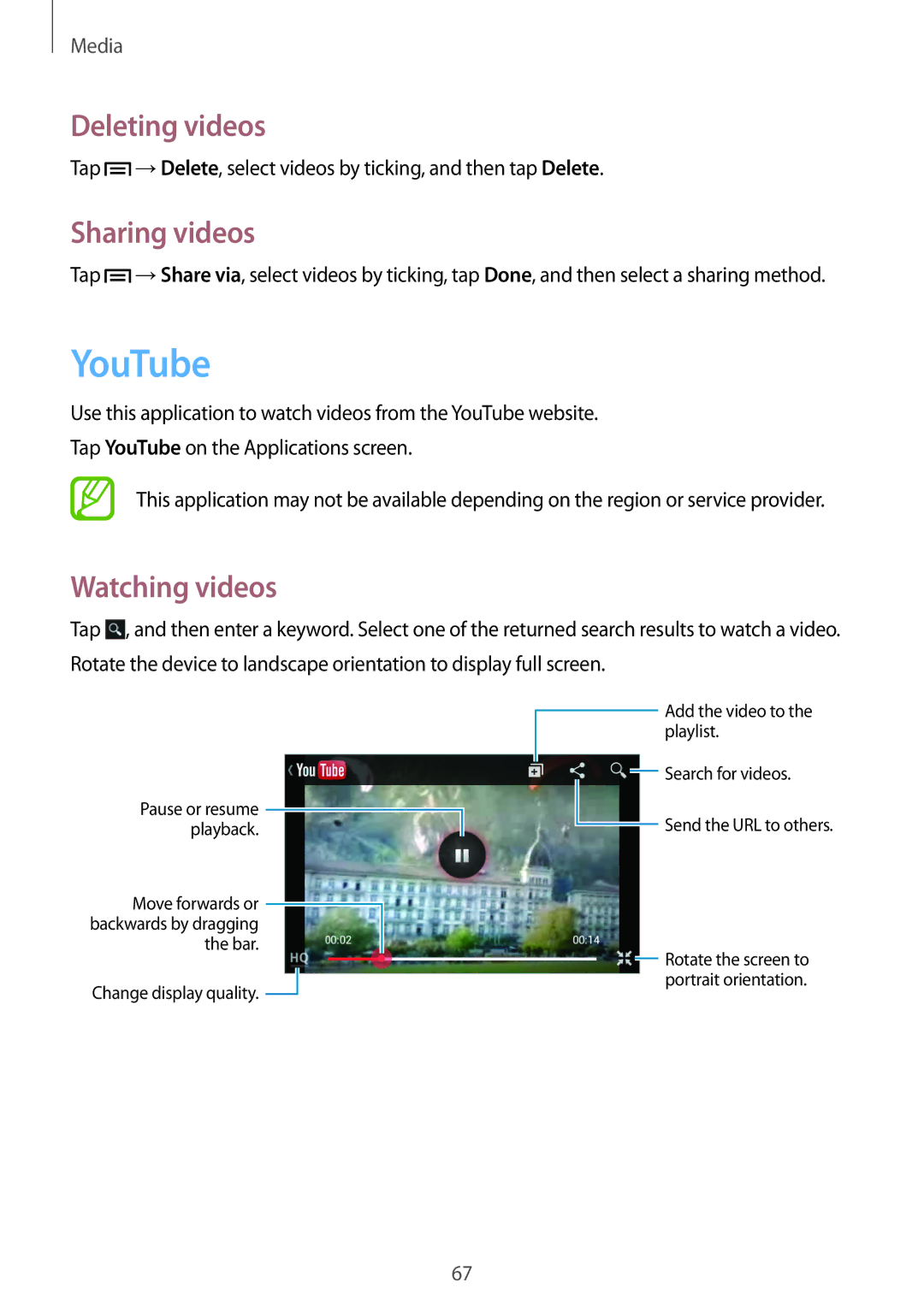 Samsung GT-S6812MBAKSA, GT-S6812PWAKSA manual YouTube, Deleting videos, Sharing videos, Watching videos 