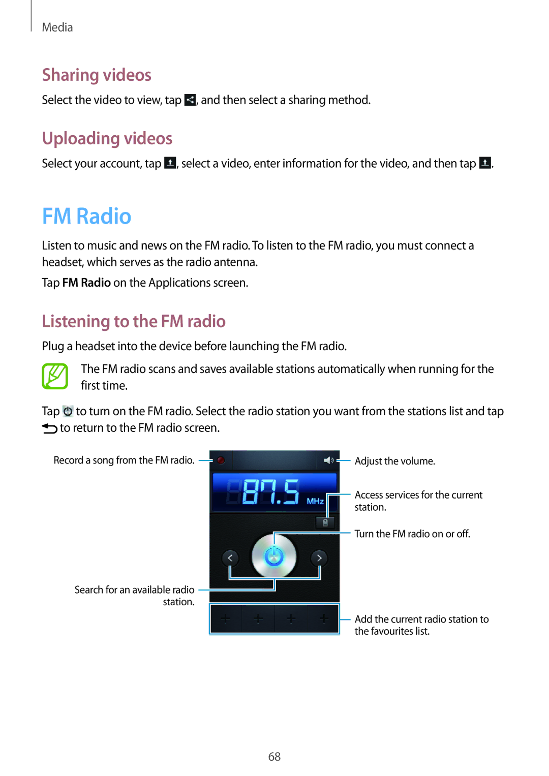 Samsung GT-S6812PWAKSA, GT-S6812MBAKSA manual FM Radio, Uploading videos, Listening to the FM radio 