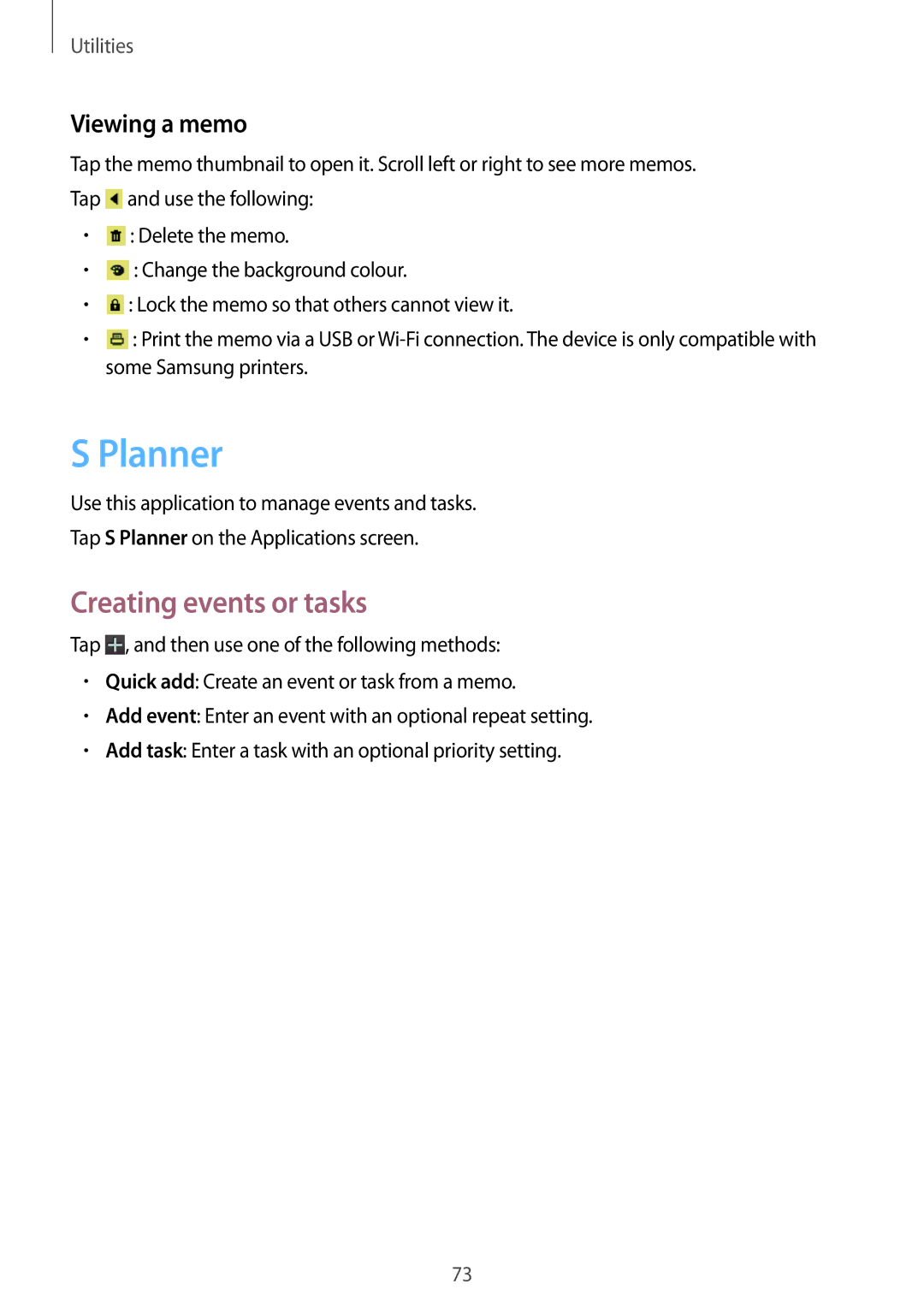 Samsung GT-S6812MBAKSA, GT-S6812PWAKSA manual Planner, Creating events or tasks, Viewing a memo 