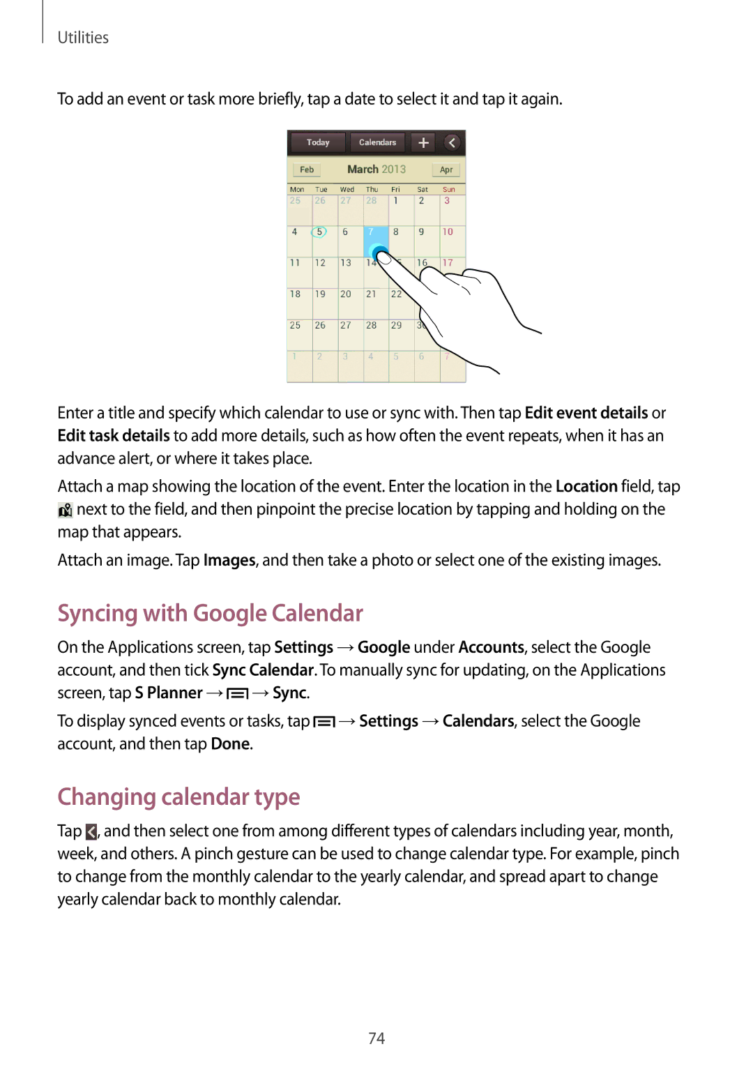 Samsung GT-S6812PWAKSA, GT-S6812MBAKSA manual Syncing with Google Calendar, Changing calendar type 