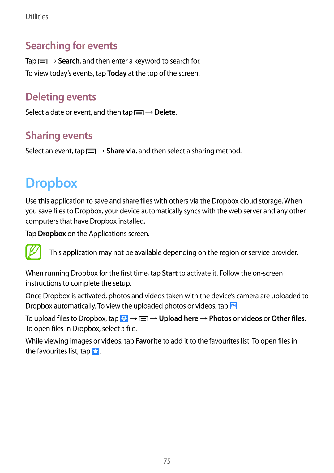 Samsung GT-S6812MBAKSA, GT-S6812PWAKSA manual Dropbox, Searching for events, Deleting events, Sharing events 