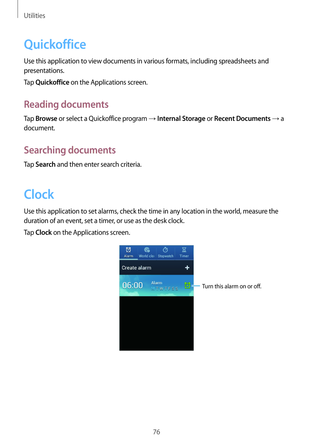 Samsung GT-S6812PWAKSA, GT-S6812MBAKSA manual Quickoffice, Clock, Reading documents, Searching documents 