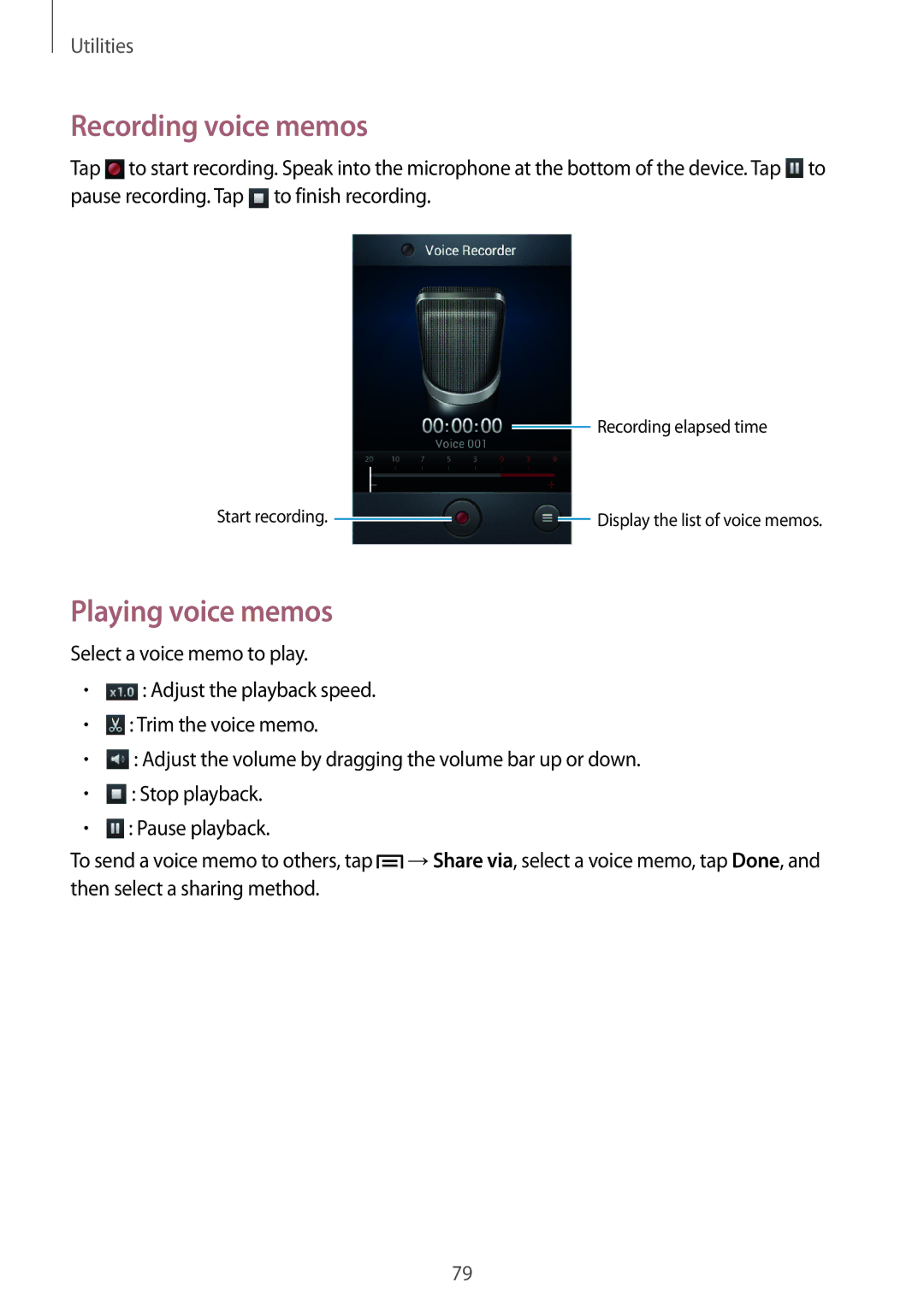 Samsung GT-S6812MBAKSA, GT-S6812PWAKSA manual Recording voice memos, Playing voice memos 