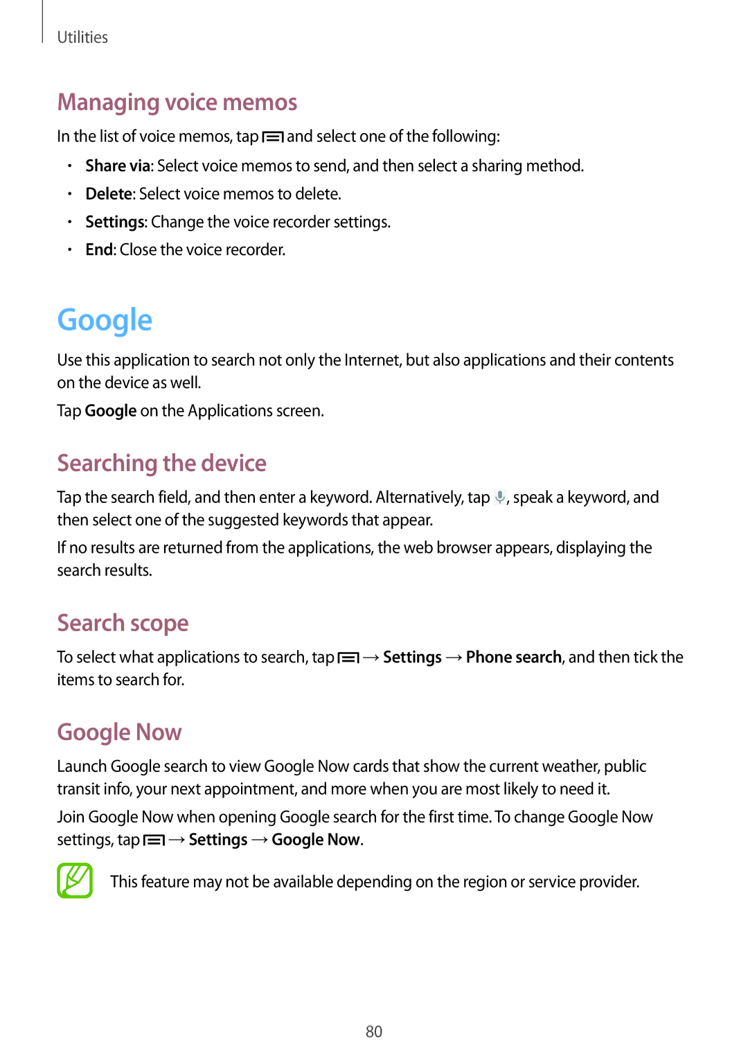 Samsung GT-S6812PWAKSA, GT-S6812MBAKSA manual Managing voice memos, Searching the device, Search scope, Google Now 