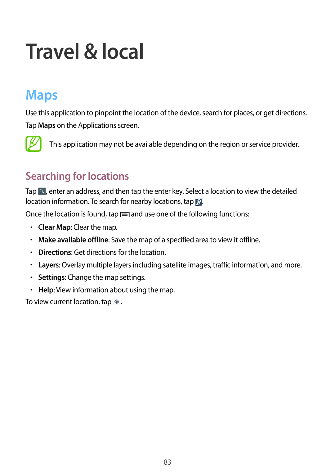 Samsung GT-S6812MBAKSA, GT-S6812PWAKSA manual Travel & local, Maps, Searching for locations 