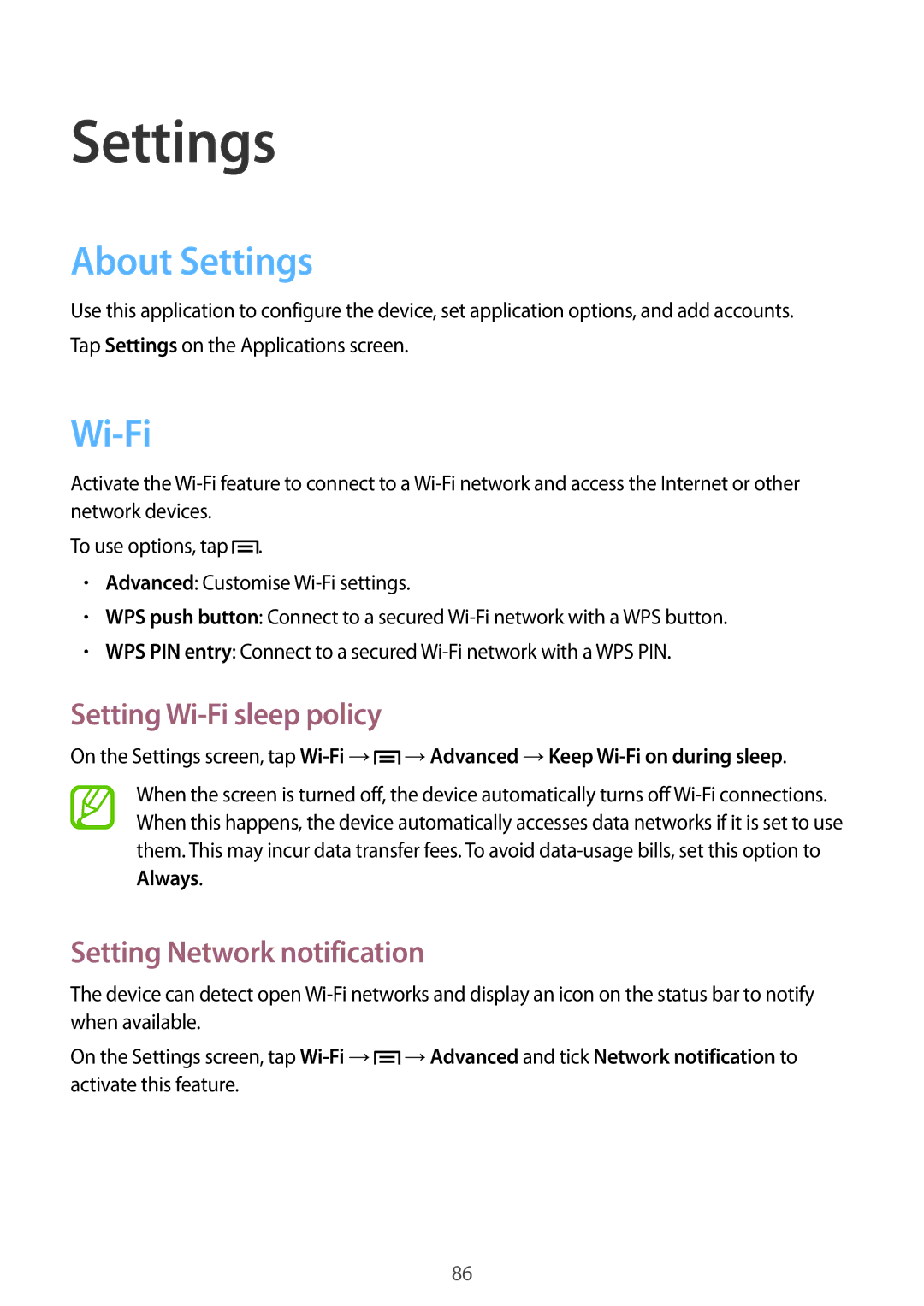 Samsung GT-S6812PWAKSA, GT-S6812MBAKSA About Settings, Setting Wi-Fi sleep policy, Setting Network notification 