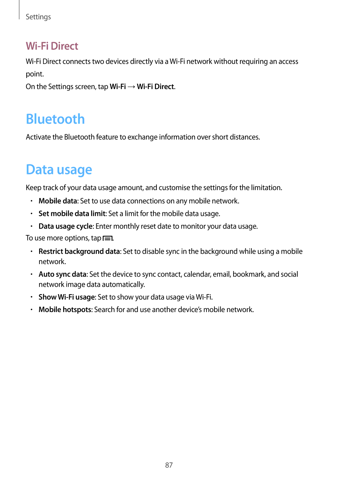 Samsung GT-S6812MBAKSA, GT-S6812PWAKSA manual Data usage, Wi-Fi Direct 