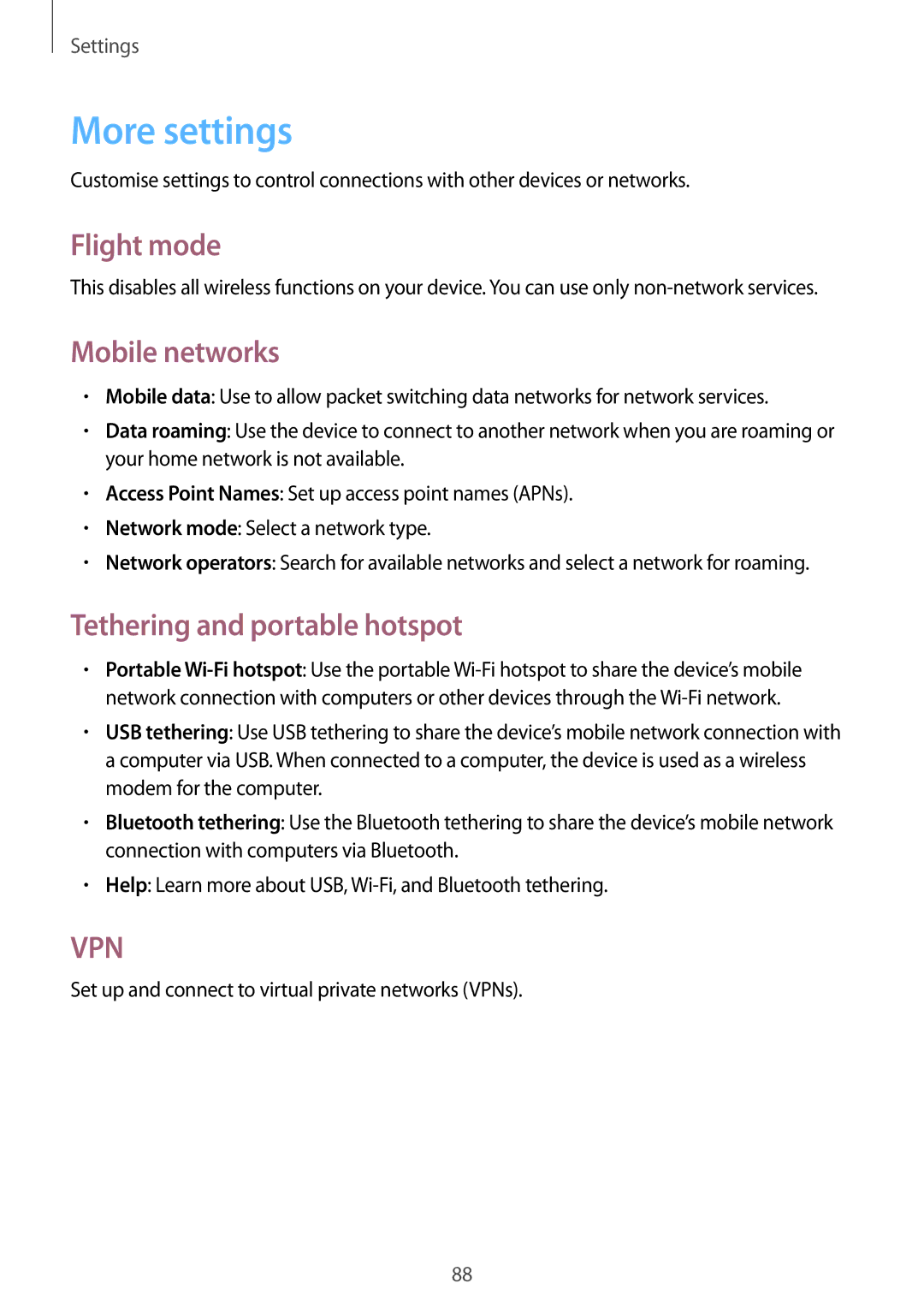 Samsung GT-S6812PWAKSA, GT-S6812MBAKSA manual More settings, Flight mode, Mobile networks, Tethering and portable hotspot 