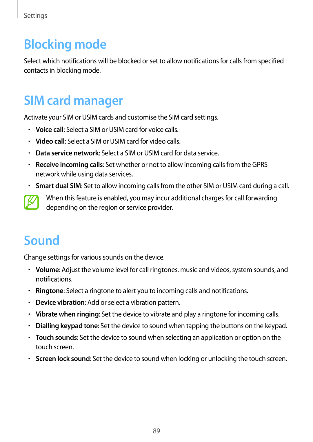 Samsung GT-S6812MBAKSA, GT-S6812PWAKSA manual Blocking mode, SIM card manager, Sound 