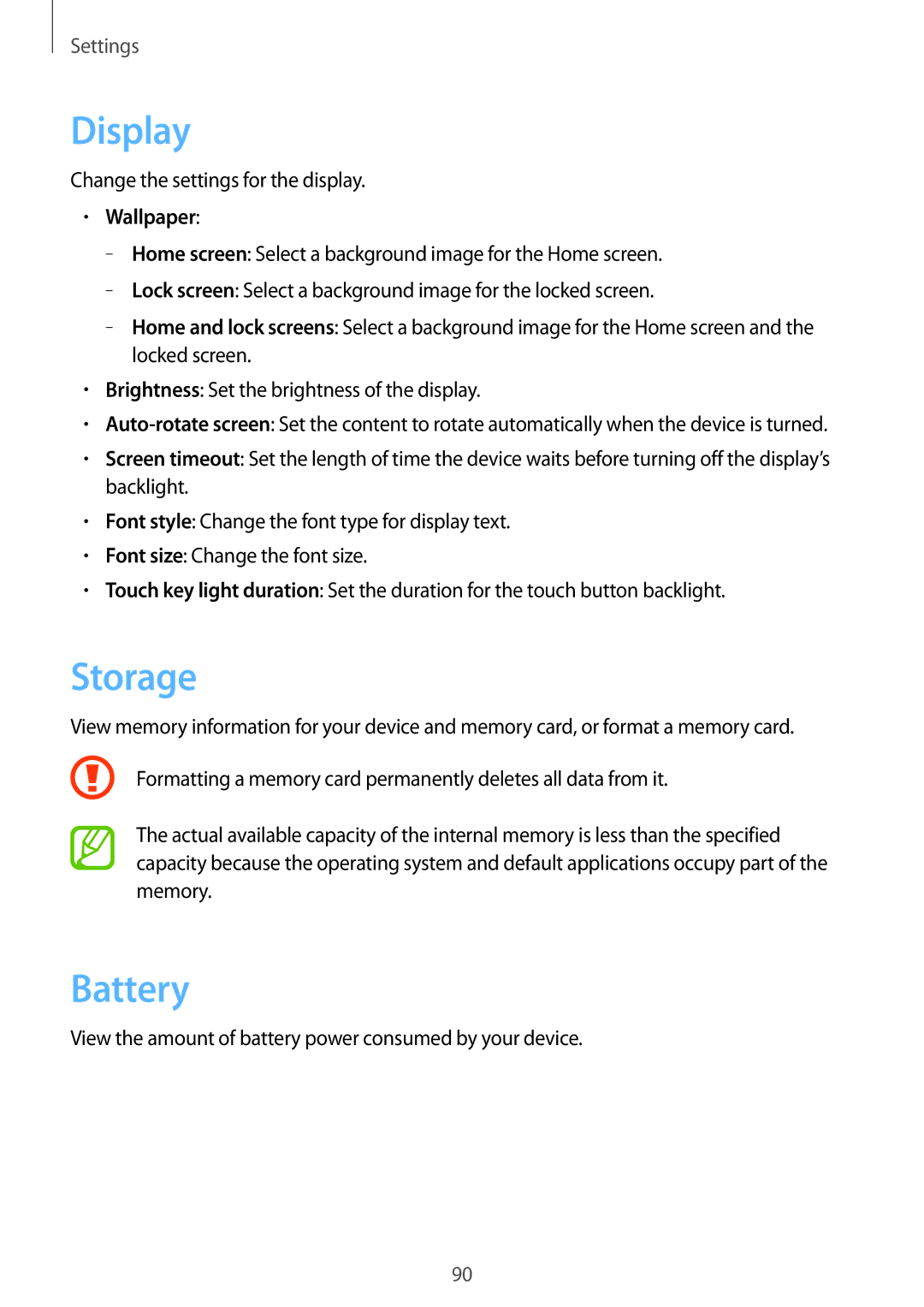 Samsung GT-S6812PWAKSA, GT-S6812MBAKSA manual Display, Storage, Battery, Wallpaper 