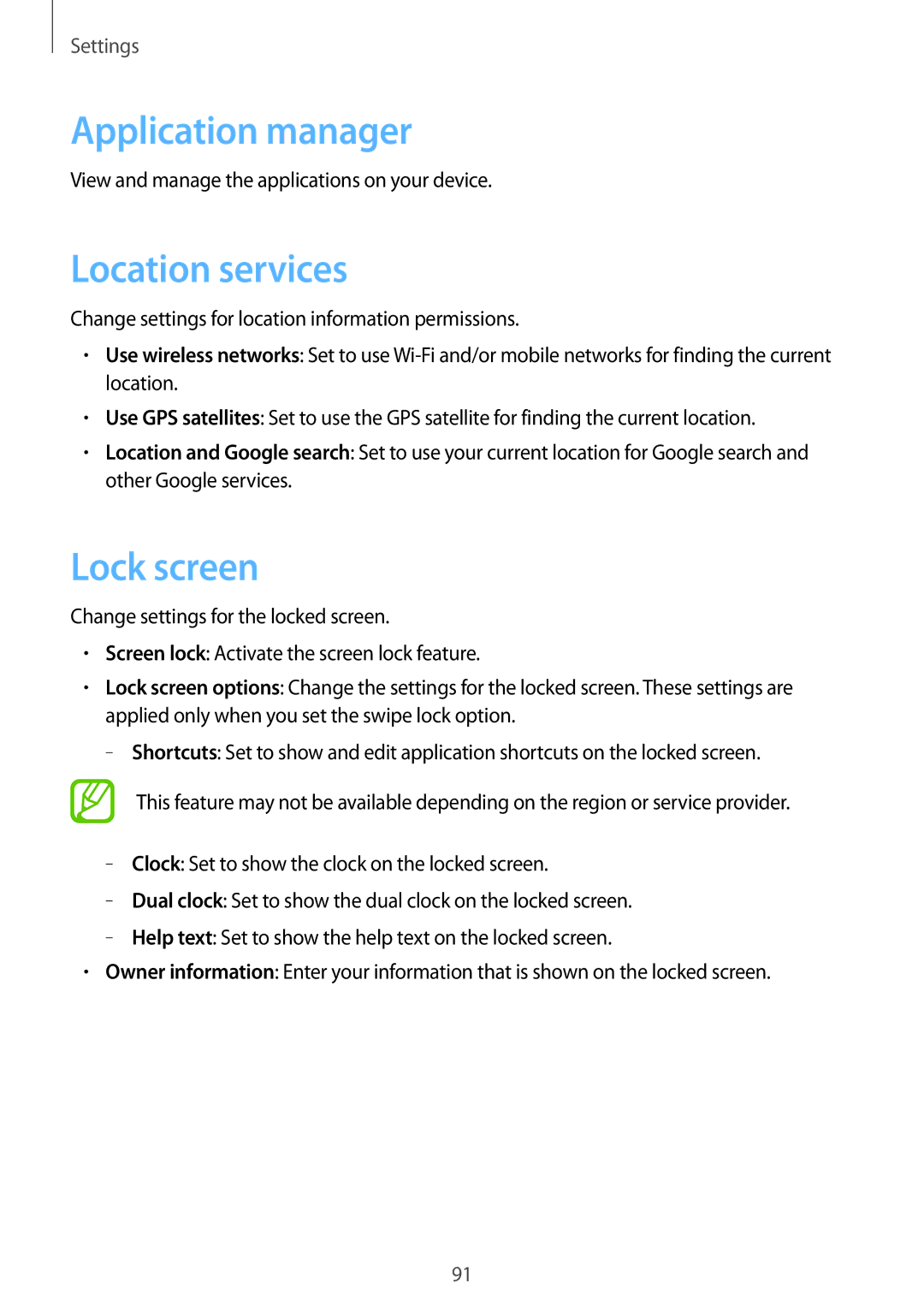 Samsung GT-S6812MBAKSA, GT-S6812PWAKSA manual Application manager, Location services, Lock screen 