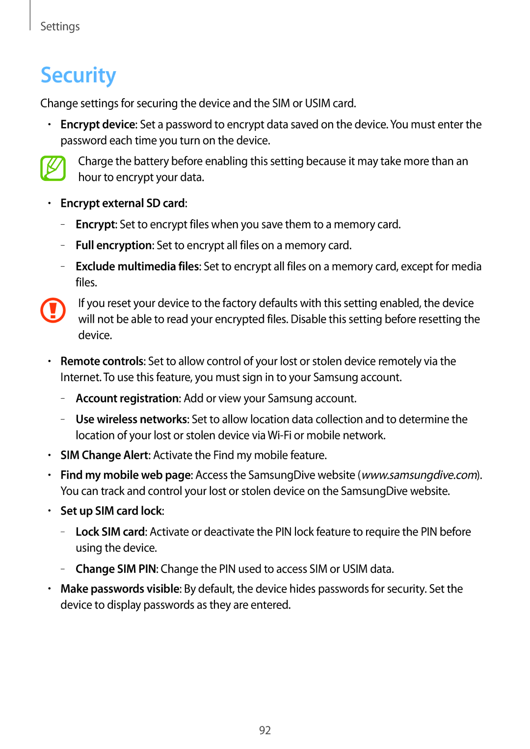 Samsung GT-S6812PWAKSA, GT-S6812MBAKSA manual Security, Encrypt external SD card, Set up SIM card lock 