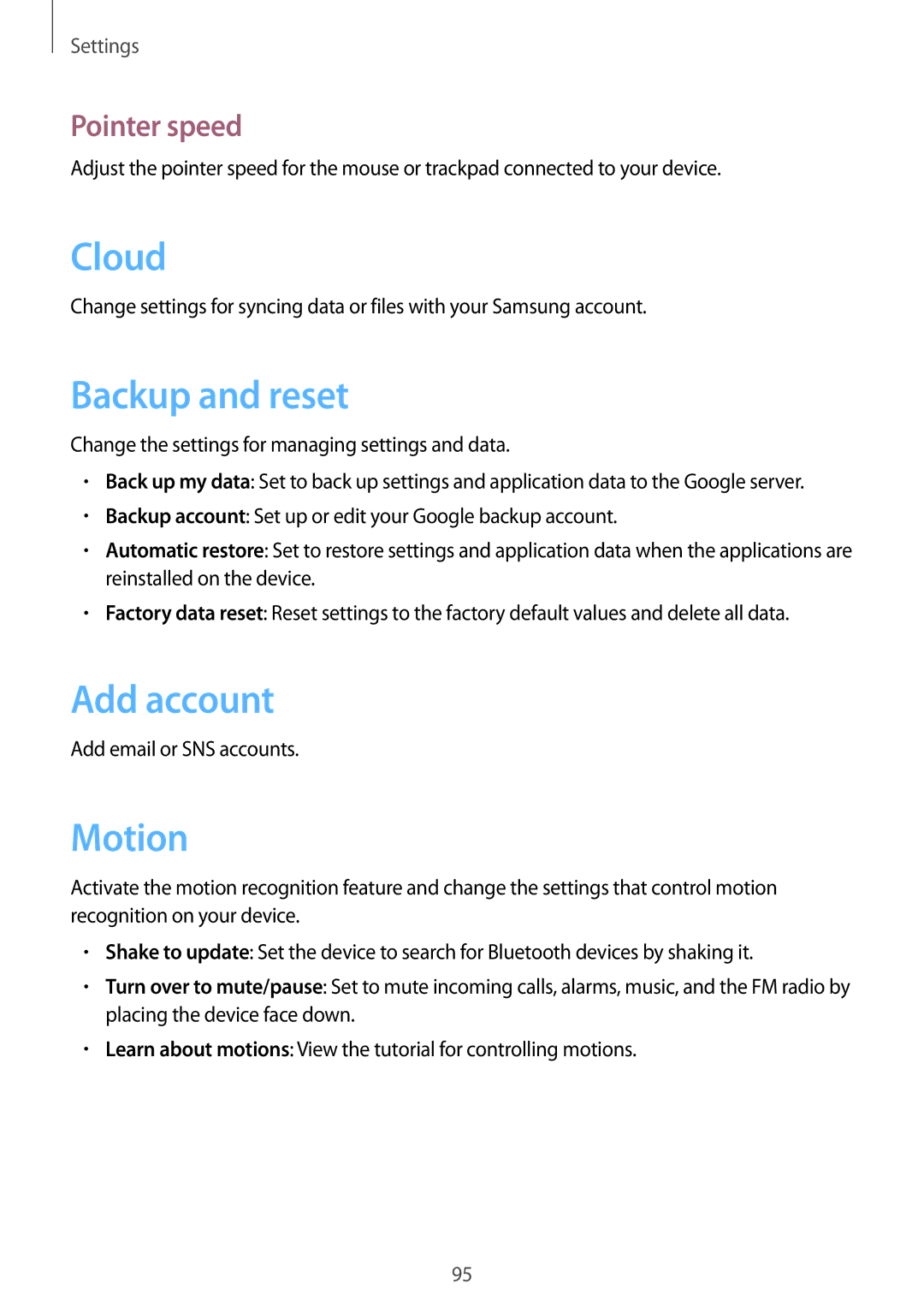 Samsung GT-S6812MBAKSA, GT-S6812PWAKSA manual Cloud, Backup and reset, Add account, Motion, Pointer speed 