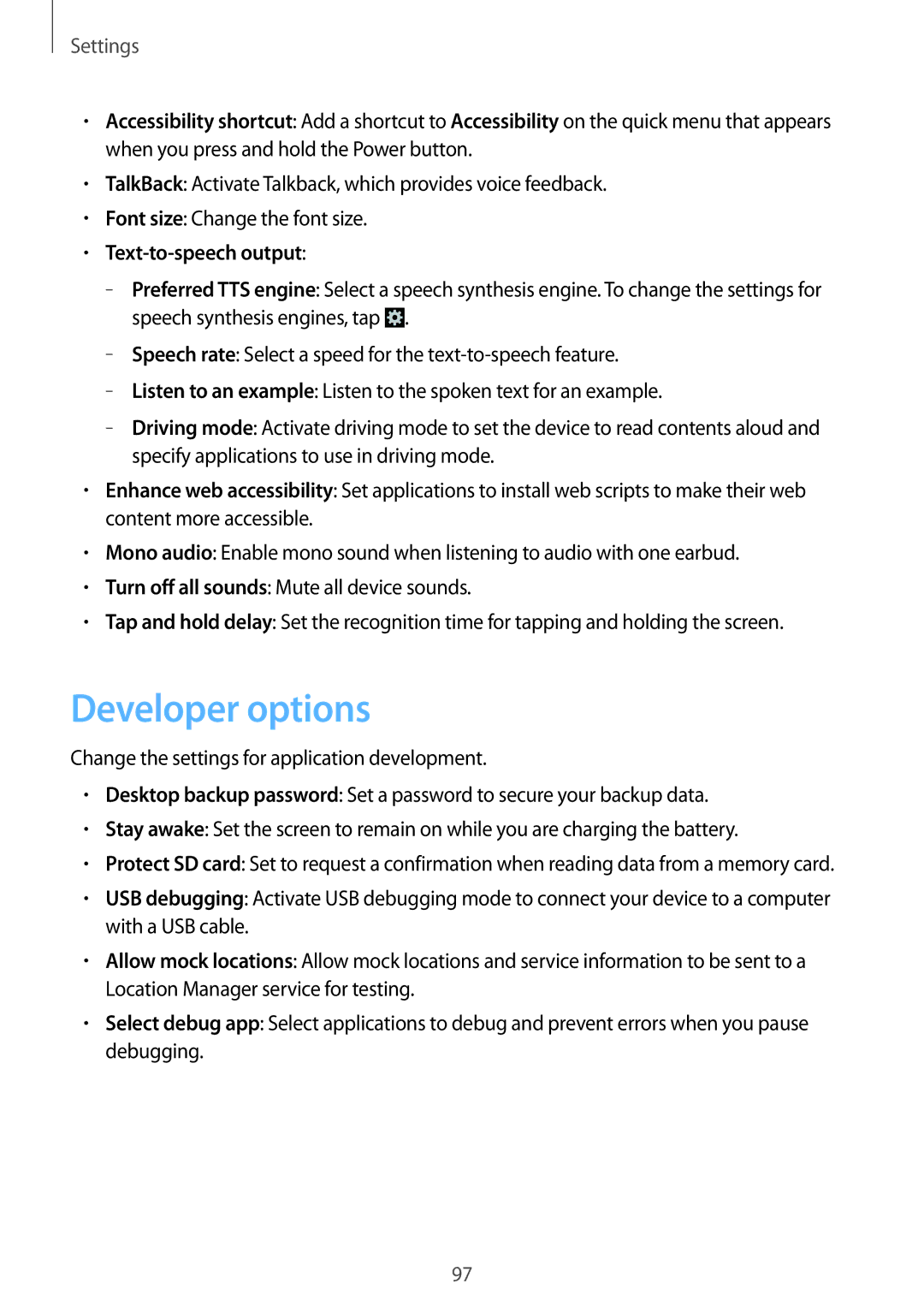 Samsung GT-S6812MBAKSA, GT-S6812PWAKSA manual Developer options, Text-to-speech output 