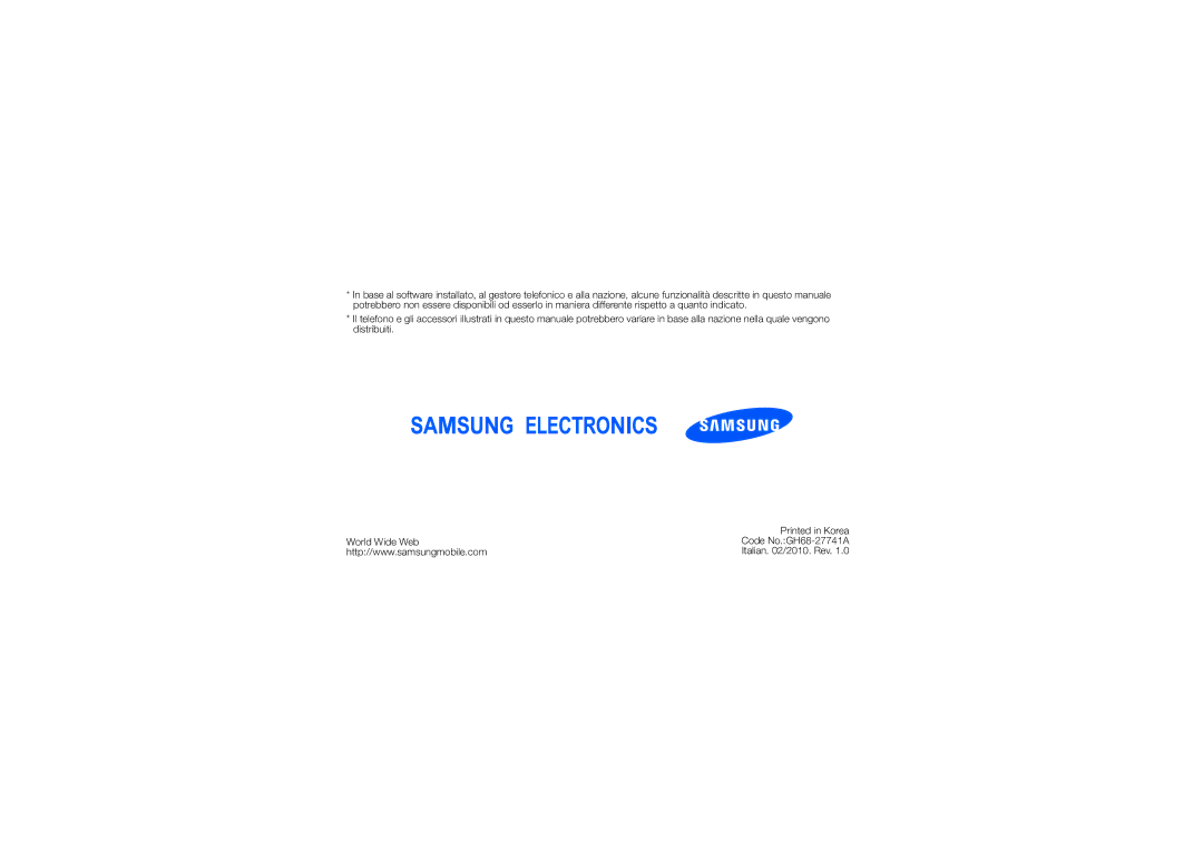 Samsung GT-S7070PWBCIT, GT-S7070AVAO2P, GT-S7070PWRCIT, GT-S7070PWACIT manual Code No.GH68-27741A 