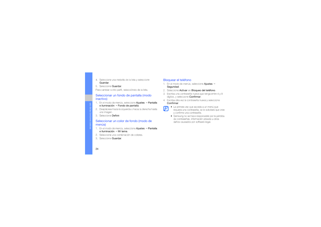 Samsung GT-S7070PWAFOP manual Seleccionar un fondo de pantalla modo inactivo, Seleccionar un color de fondo modo de menús 