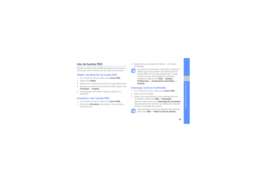 Samsung GT-S7070PWAEUS manual Uso de fuentes RSS, Añadir una dirección de fuente RSS, Actualizar y leer fuentes RSS 