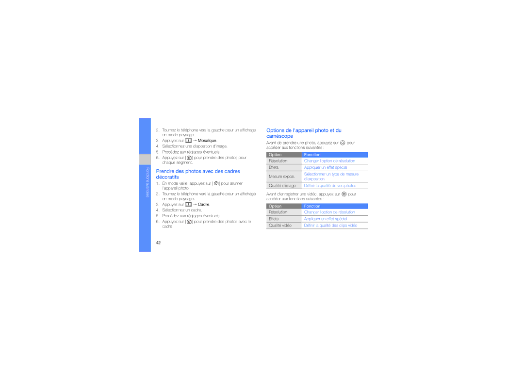 Samsung GT-S7070XDAFTM manual Prendre des photos avec des cadres décoratifs, Options de lappareil photo et du caméscope 