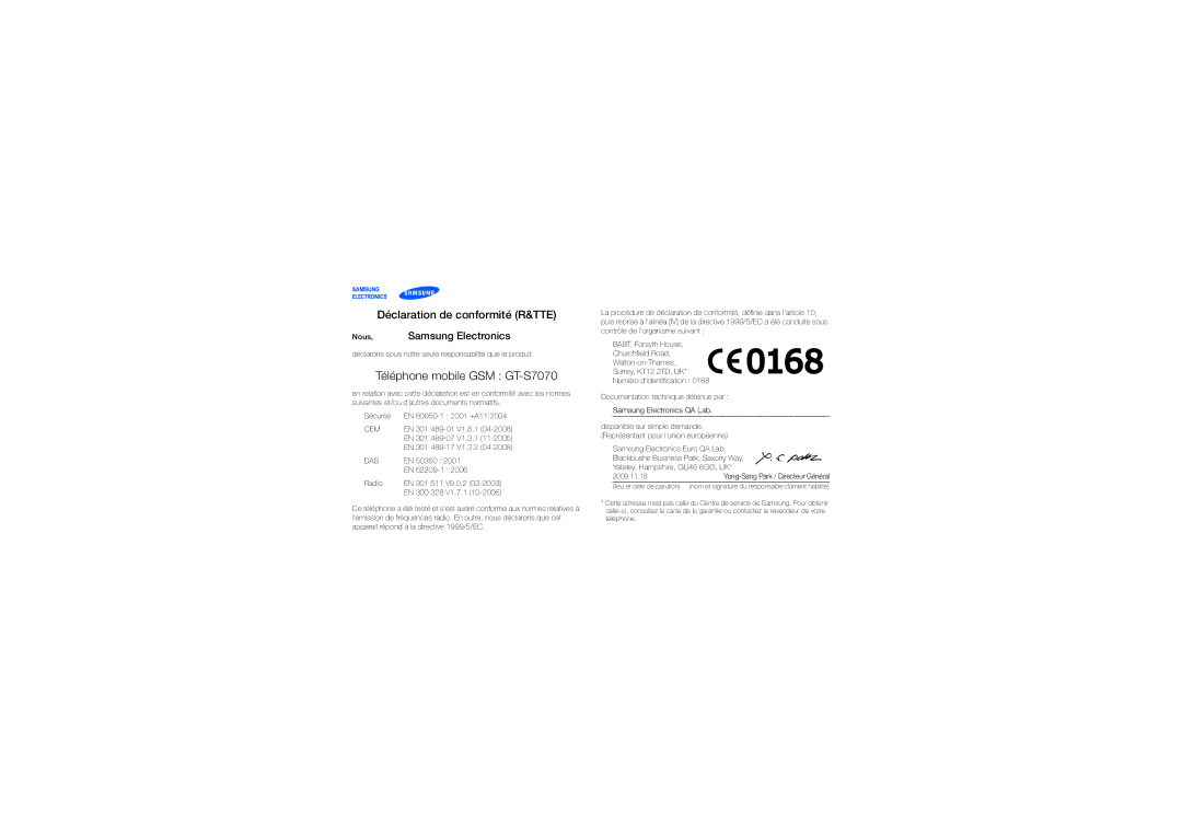 Samsung GT-S7070XDAFTM, GT-S7070PWAXEF, GT-S7070AVAXEF manual Déclaration de conformité R&TTE 