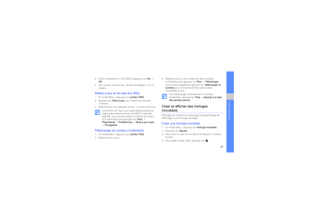 Samsung GT-S7070XDAFTM, GT-S7070PWAXEF manual Créer et afficher des horloges mondiales, Mettre à jour et lire des flux RSS 