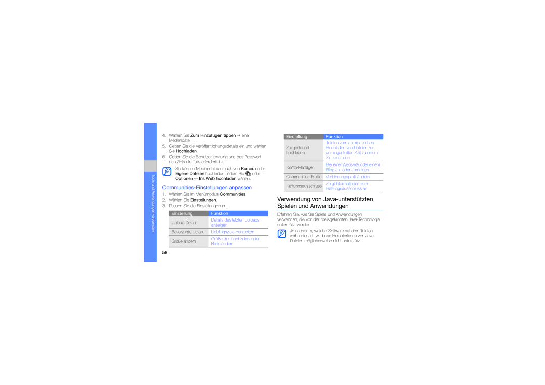 Samsung GT-S7070XDAVID manual Verwendung von Java-unterstützten Spielen und Anwendungen, Communities-Einstellungen anpassen 