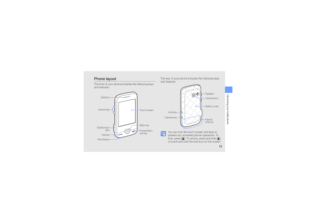 Samsung GT-S7070AVAARB, GT-S7070XDAXSG manual Phone layout, Rear of your phone includes the following keys and features 