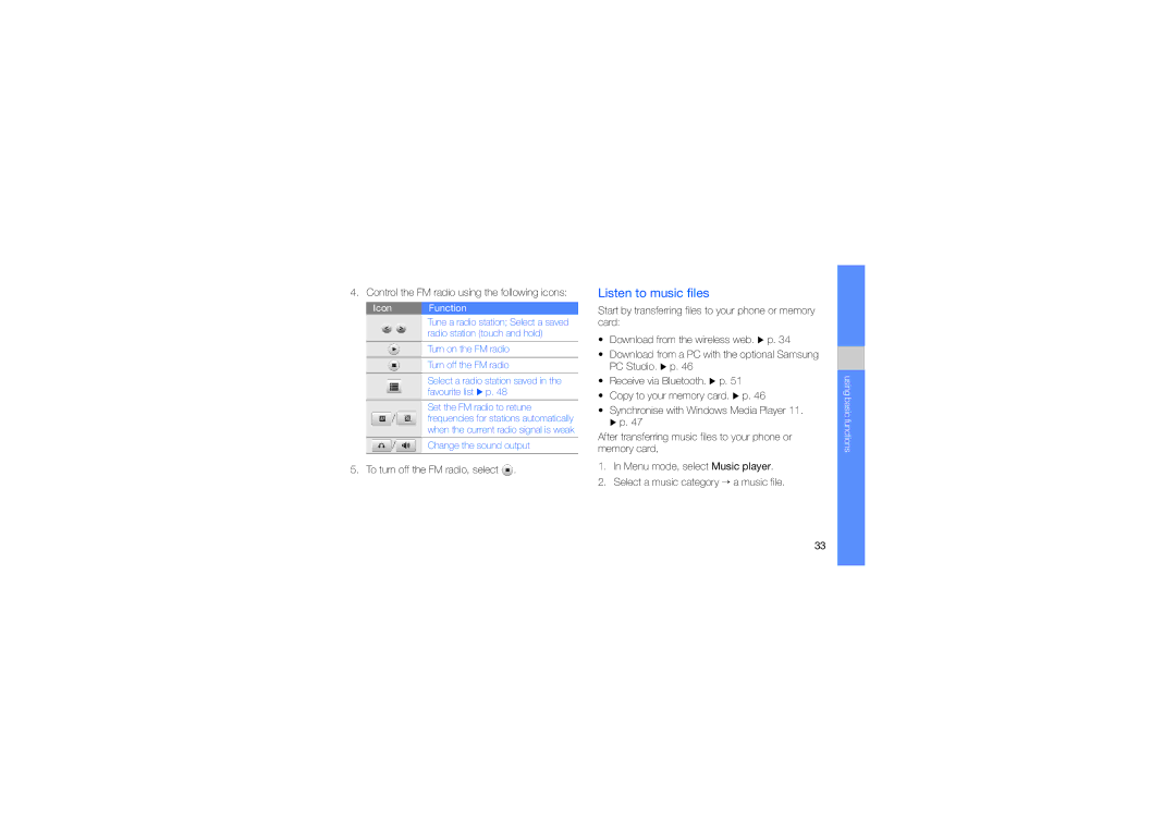 Samsung GT-S7070XDAJED, GT-S7070XDAXSG manual Listen to music files, Control the FM radio using the following icons 
