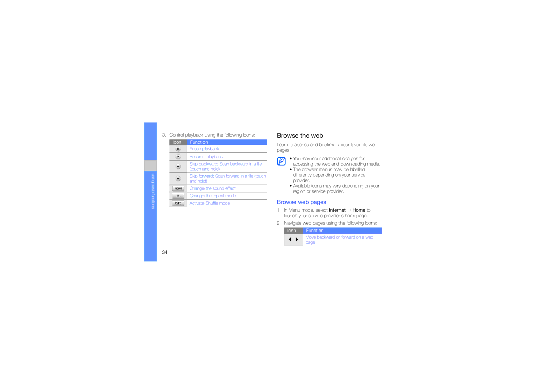 Samsung GT-S7070XDAXSG, GT-S7070XDATHR manual Browse the web, Browse web pages, Control playback using the following icons 